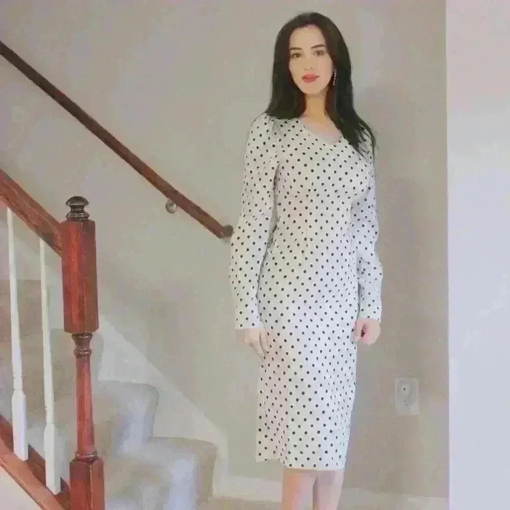 Cherie Polka Dot Parisienne Long‎ Sleeve Midi Dress